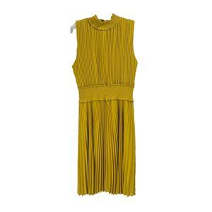 Nanette Lepore Gold Mustard Pleated Sleeveless Midi Dress Sz 12